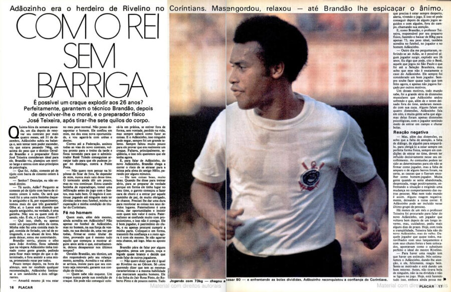 Em setembro de 1977, Revista Placar destacou "briga" de Adãozinho com a balança: "Com o Rei sem Barriga", diz o título da reportagem (Foto: José Pinto/Placar)
